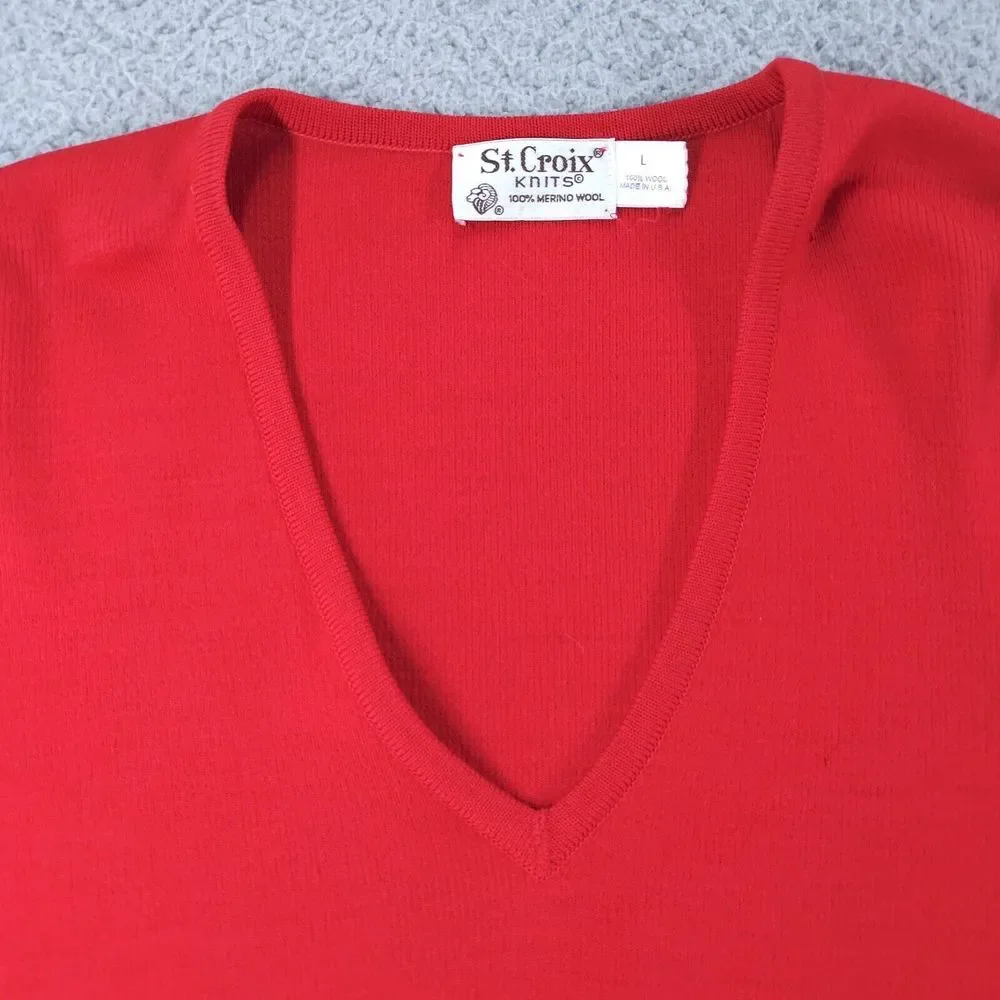 Vintage St. Croix Sweater Mens Large Red Merino Wool Knitted Long Sleeve V Neck